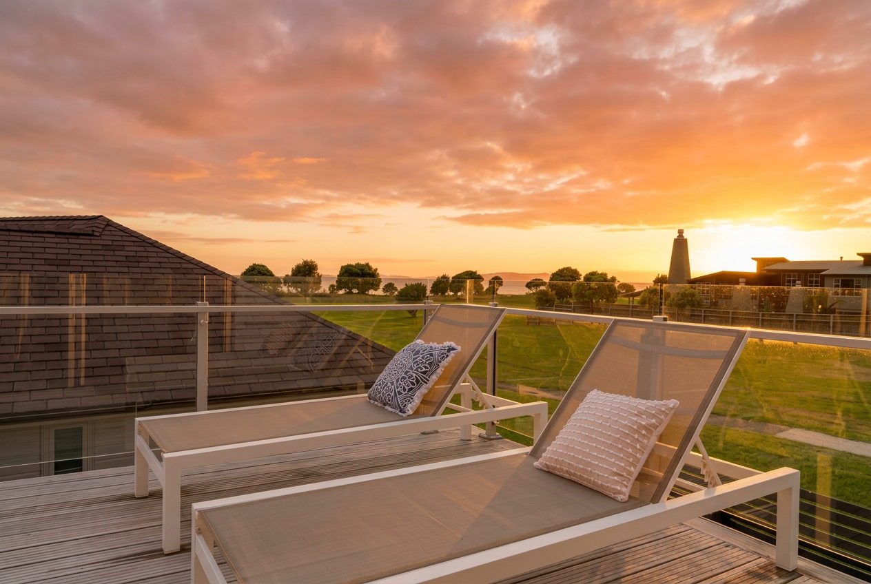 Sunset deck view at Coastal Pearl luxury holiday home in Matarangi, Coromandel Peninsula, New Zealand